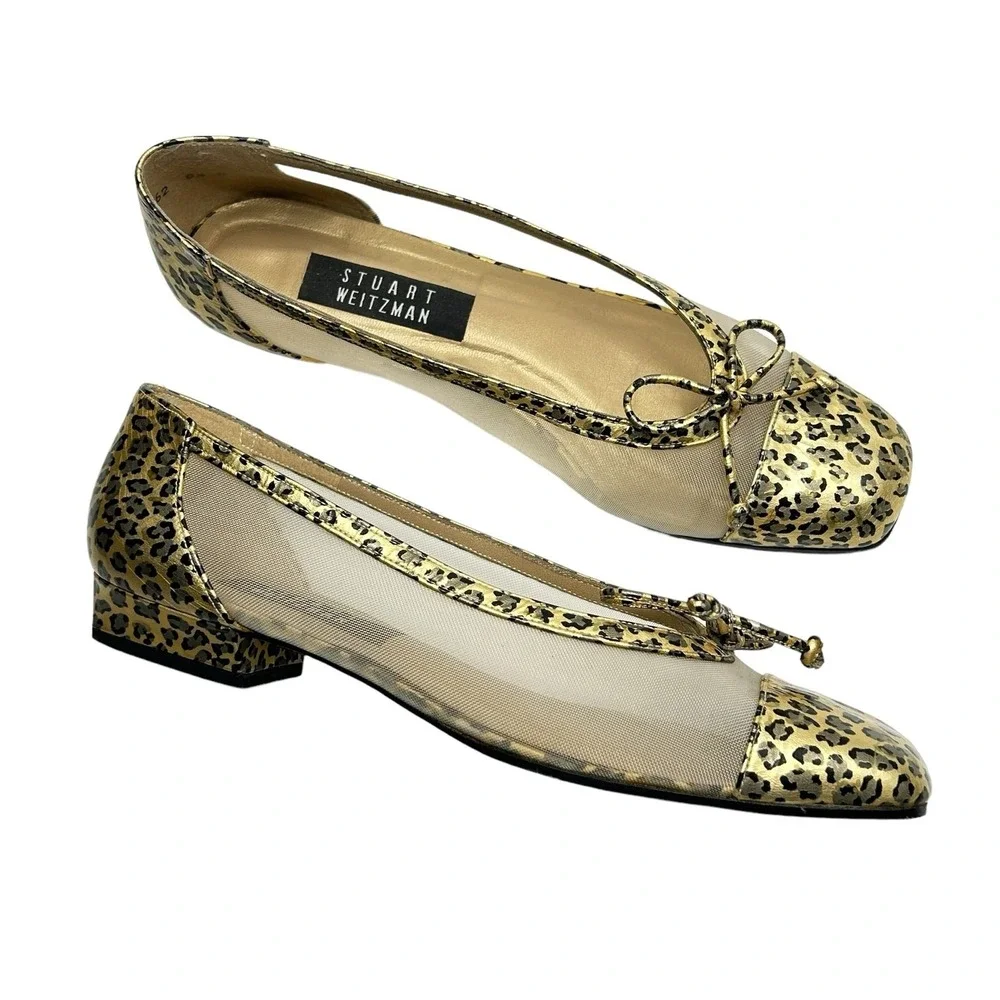 Stuart Weitzman Beige Flats with Gold Leopard Cap-Toe and Bow